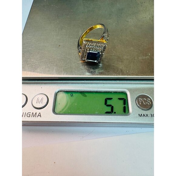 Estate Two-Tone Sterling Silver Blue Gemstone CZ Halo Statement Ring 6.5 925 - Picture 10 of 10